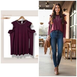 🌿Maurices Women's XS Maroon Cold Shoulder Drop Sleeve Jeweled Neck Sweater